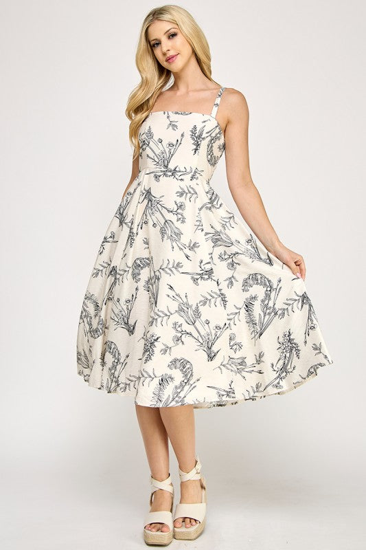 BOTANICAL PRINT WITH SQUARE NECK MIDI DRESS