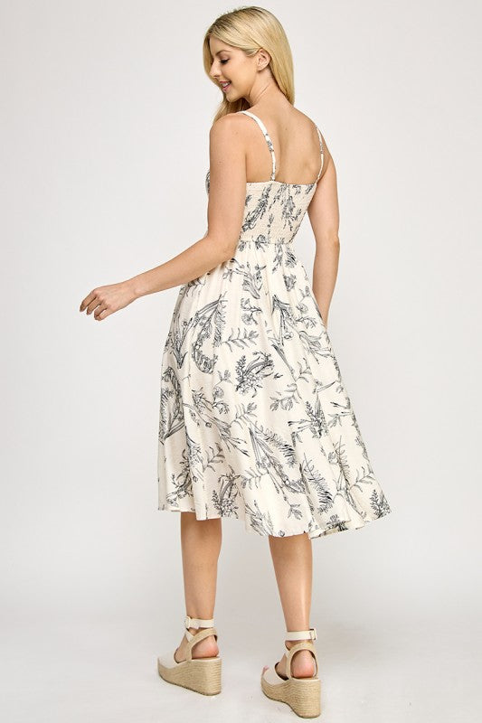 BOTANICAL PRINT WITH SQUARE NECK MIDI DRESS