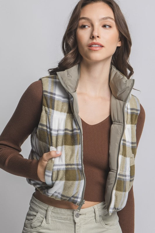 REVERSIBLE PLAID PUFFY VEST