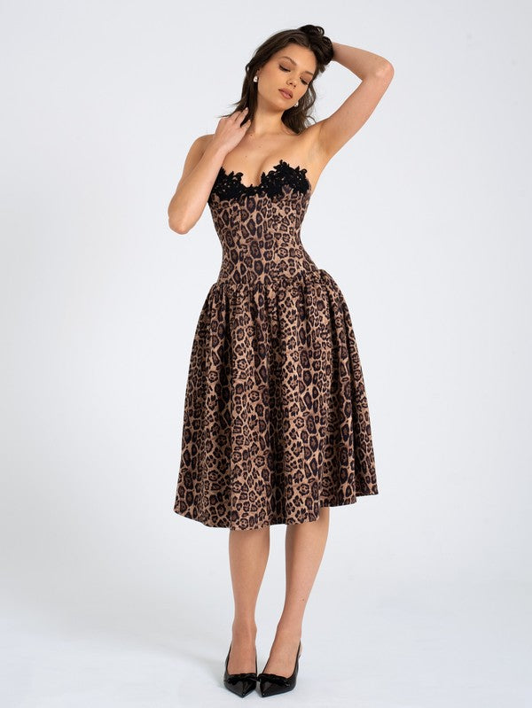 Uchenna Cheetah Print Midi Dress with lace trim