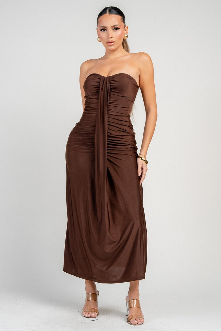 SWEETHEART RUCHED WRAP MIDI DRESS