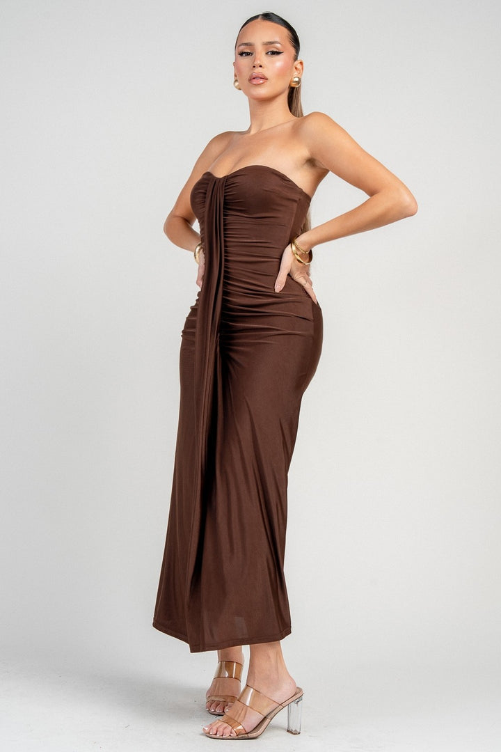SWEETHEART RUCHED WRAP MIDI DRESS