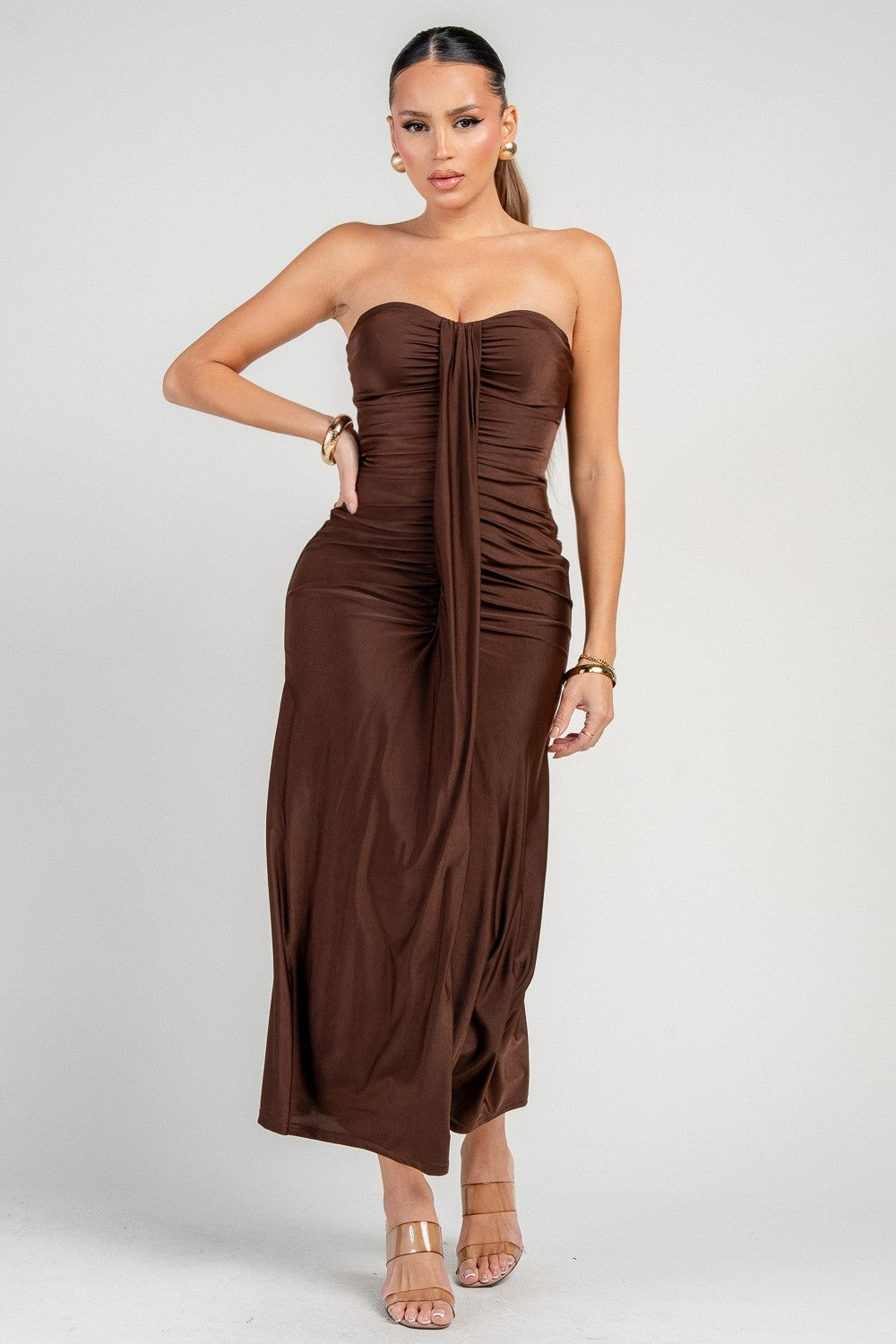SWEETHEART RUCHED WRAP MIDI DRESS