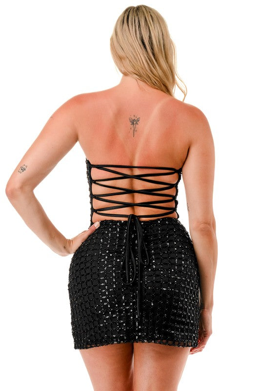 STRAPLESS BEADED TIE BACK DRESS