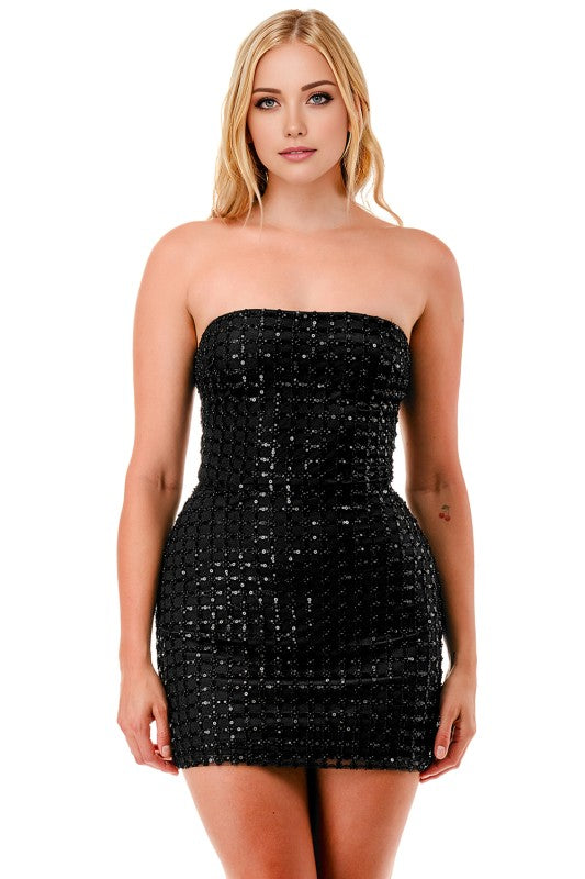 STRAPLESS BEADED TIE BACK DRESS