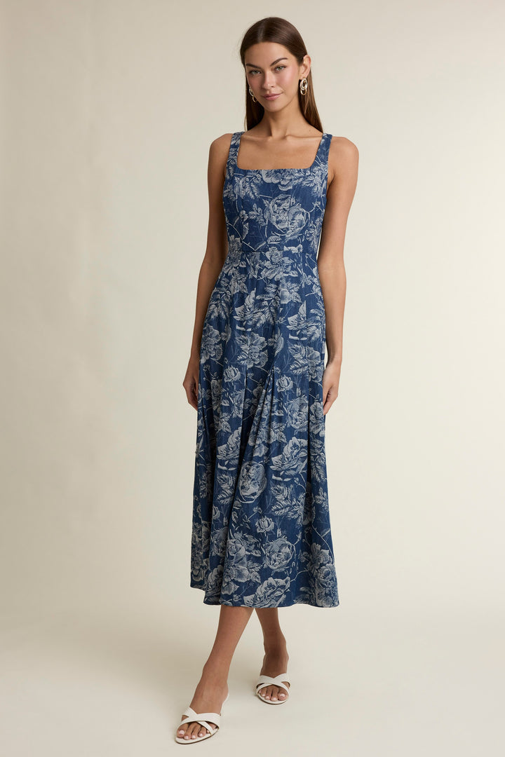 FLORAL DENIM MIDI DRESS
