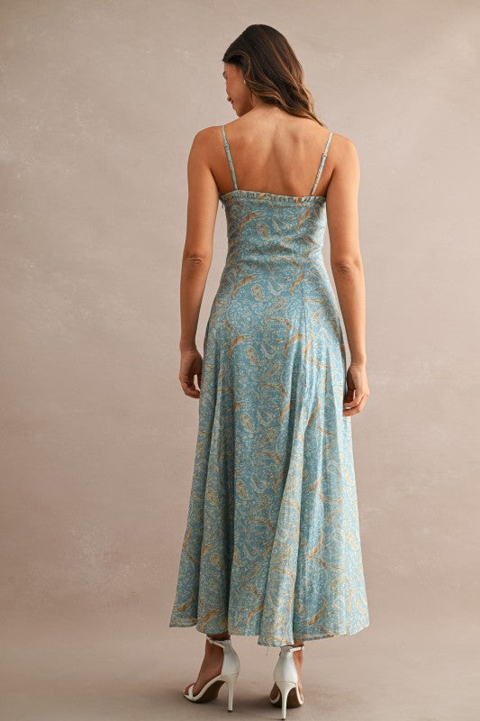 PAISLEY PRINT RUFFLE DETAIL MIDI DRESS