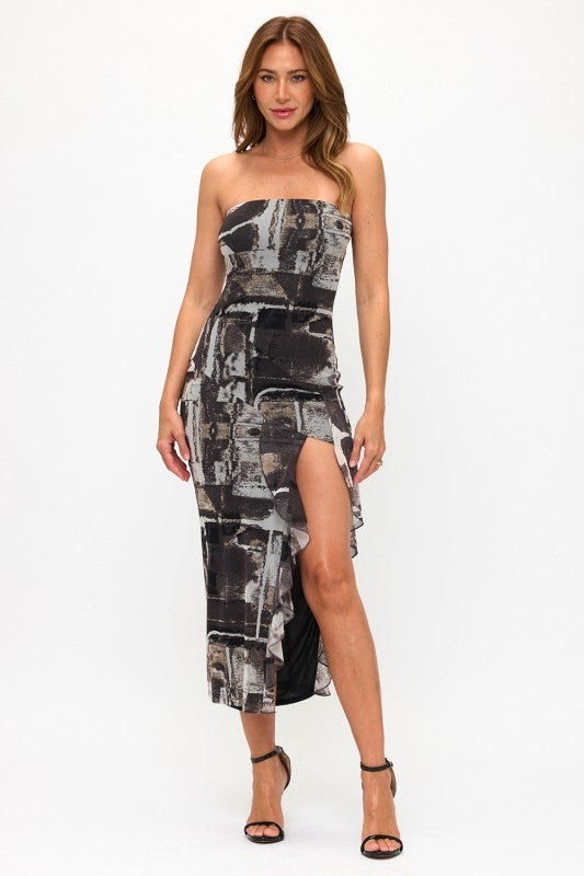 MULTI PRINT RUFFLE MIDI DRESS