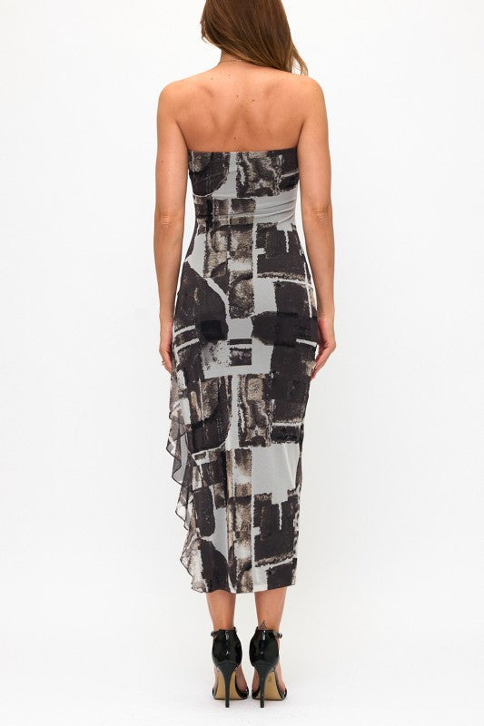 MULTI PRINT RUFFLE MIDI DRESS