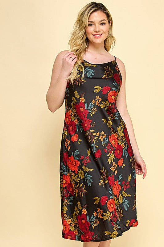 PLUS SATIN FLORAL MIDI DRESS