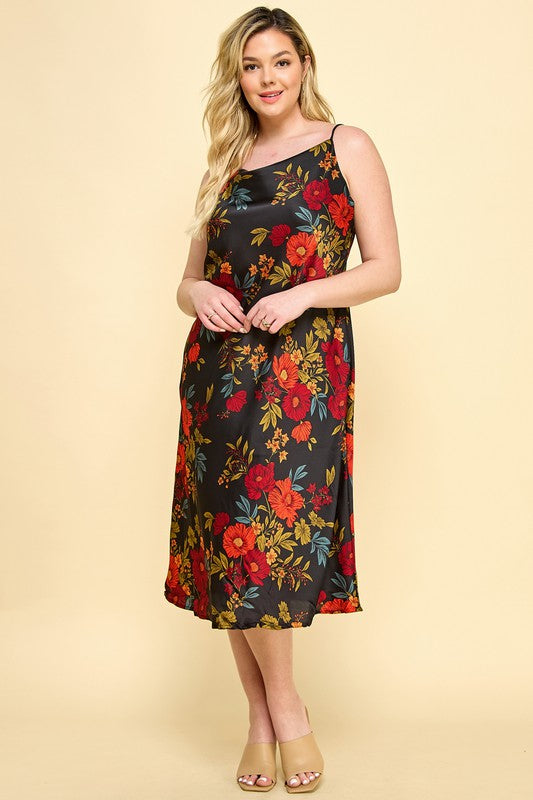 PLUS SATIN FLORAL MIDI DRESS