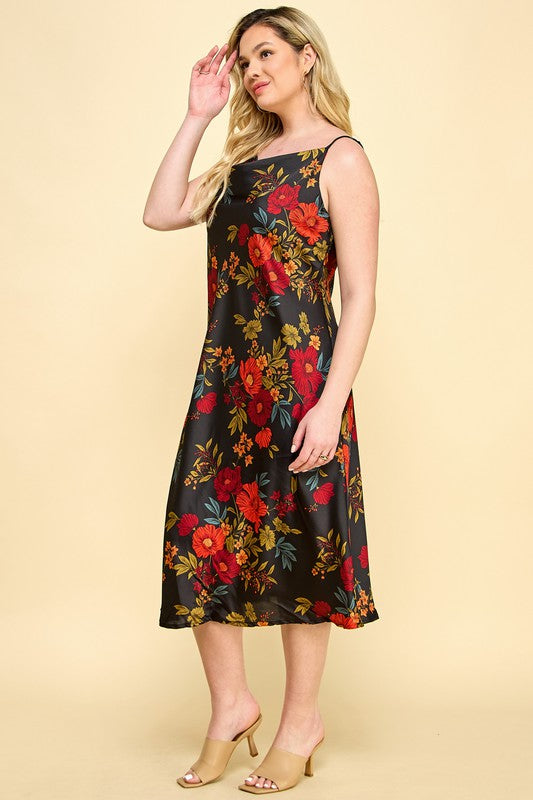PLUS SATIN FLORAL MIDI DRESS