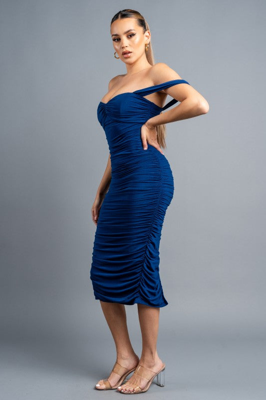 GLITTER RUCHED OFF SHOULDER MIDI DRESS