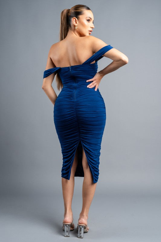 GLITTER RUCHED OFF SHOULDER MIDI DRESS