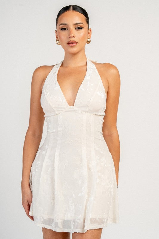 PLUNGING HALTER SKATER MINI DRESS