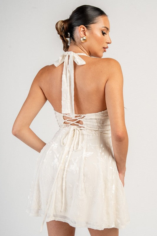 PLUNGING HALTER SKATER MINI DRESS