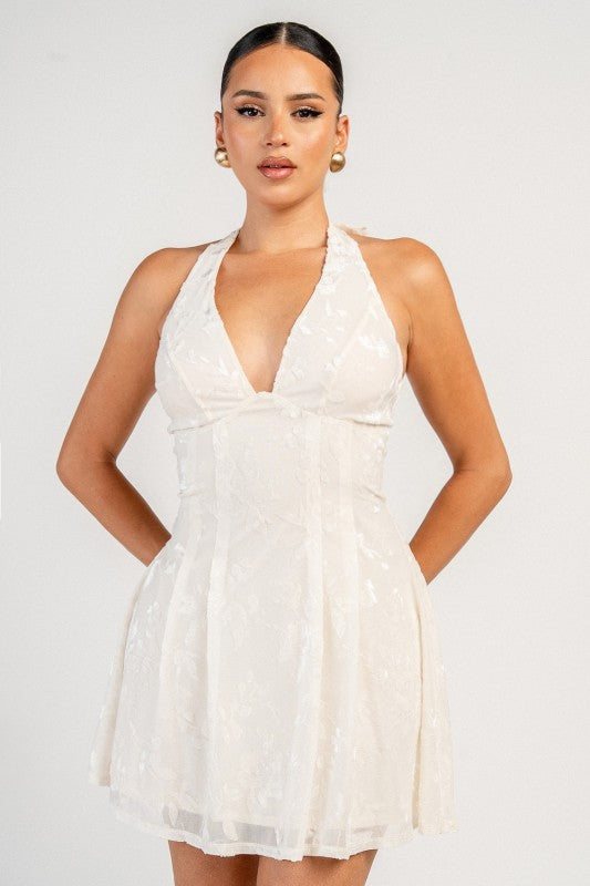 PLUNGING HALTER SKATER MINI DRESS