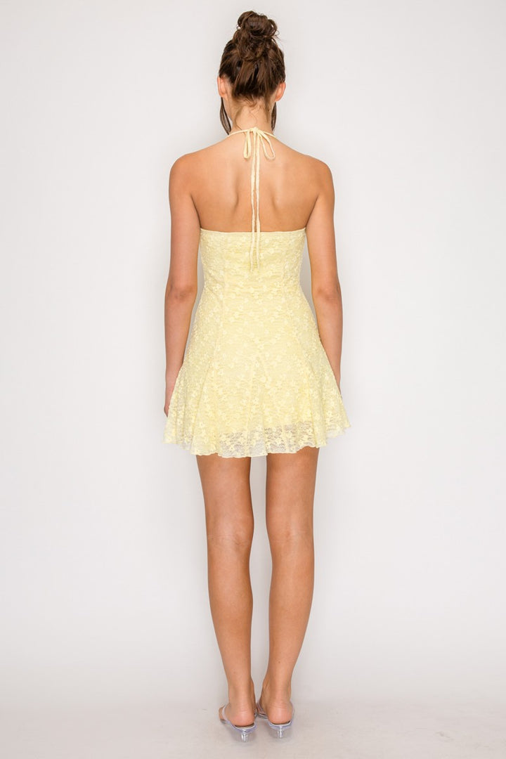 FLORAL LACE HALTER MINI DRESS