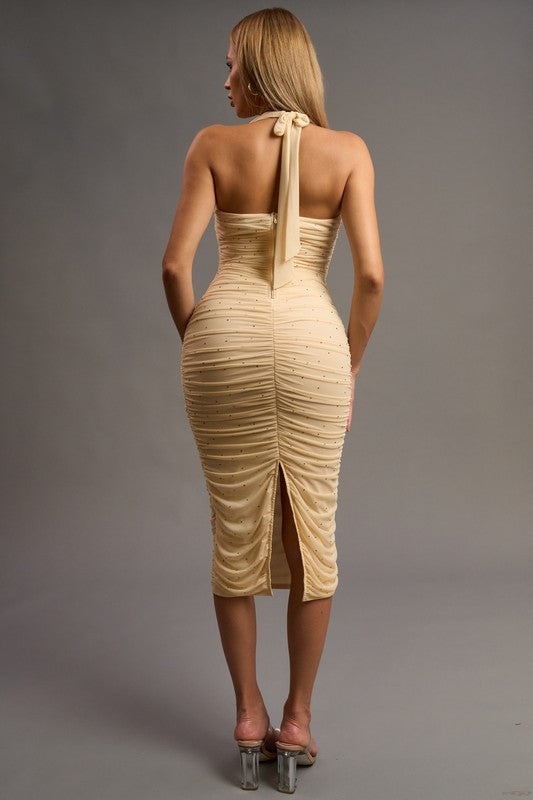 HALTER PLUNGING NECKLINE RUCHED MIDI DRESS