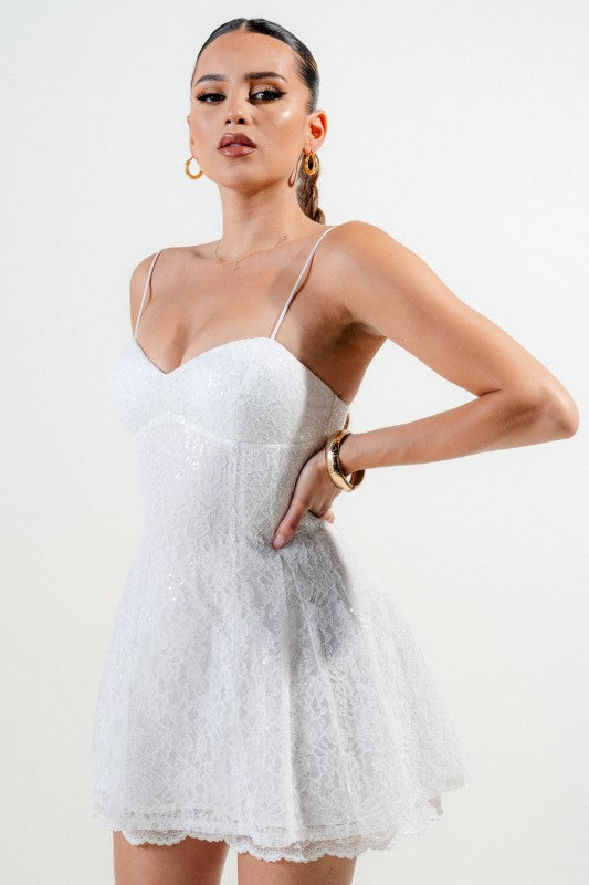 SEQUIN LACE TRIM INSET BUSTIER FIT & FLARE MINI DRESS