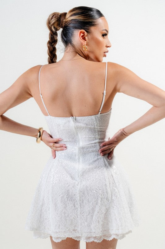 SEQUIN LACE TRIM INSET BUSTIER FIT & FLARE MINI DRESS