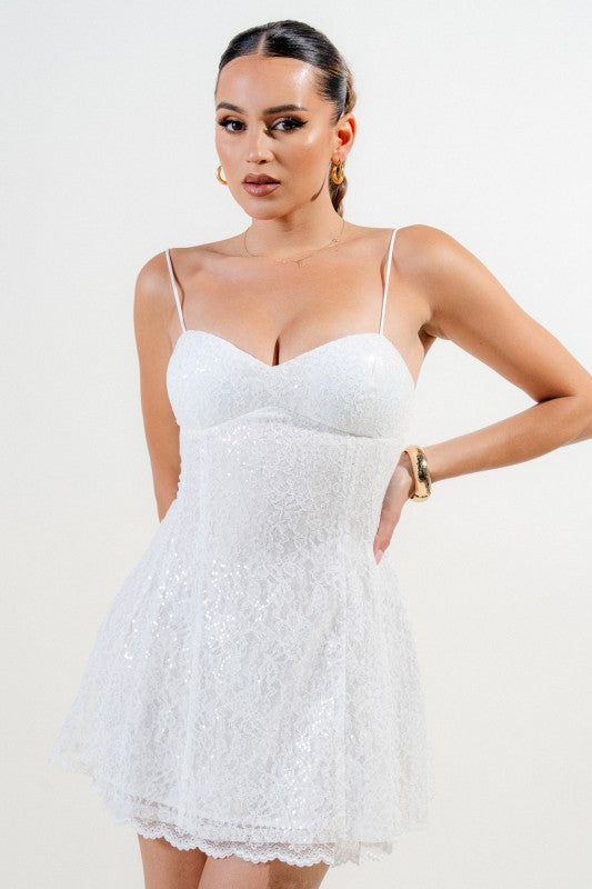 SEQUIN LACE TRIM INSET BUSTIER FIT & FLARE MINI DRESS