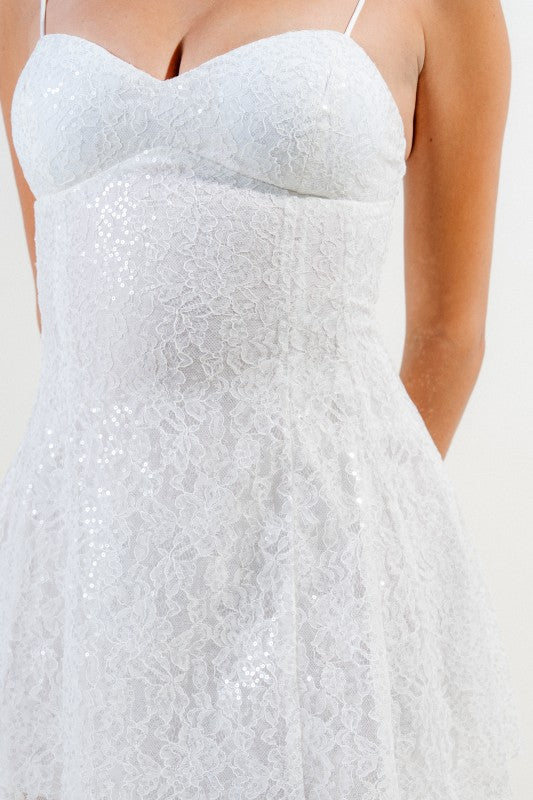 SEQUIN LACE TRIM INSET BUSTIER FIT & FLARE MINI DRESS