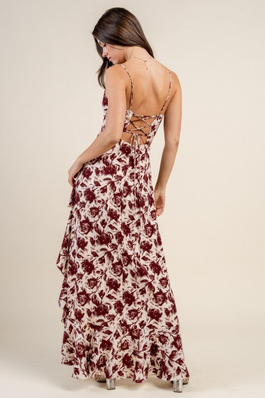 ASYMMETRIACL HEM MAXI DRESS W/ LACE UP BACK
