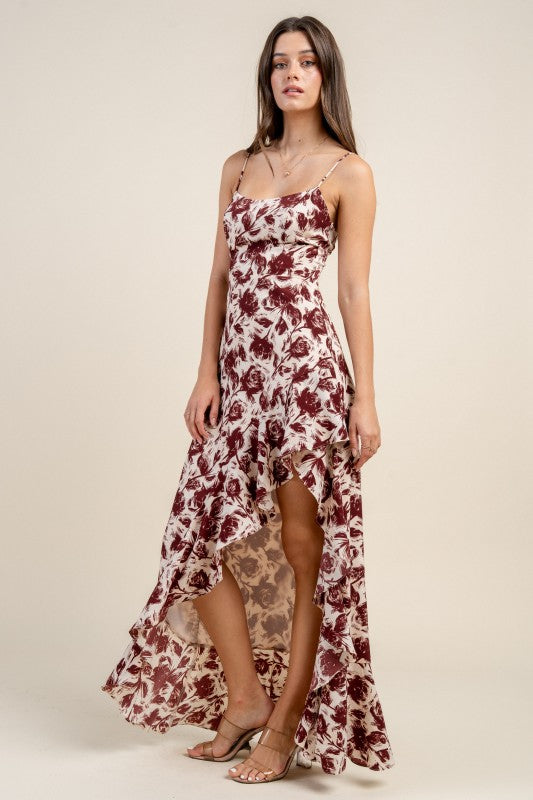 ASYMMETRIACL HEM MAXI DRESS W/ LACE UP BACK