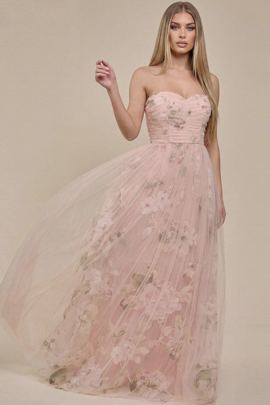 BLUSH FLORAL STRAPLESS GOWN