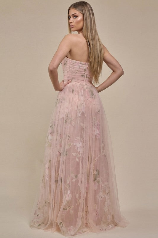 BLUSH FLORAL STRAPLESS GOWN