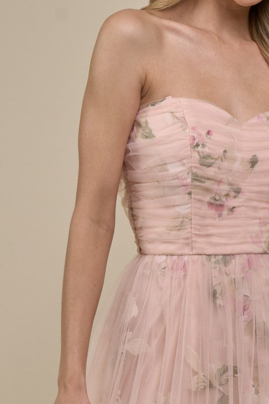 BLUSH FLORAL STRAPLESS GOWN