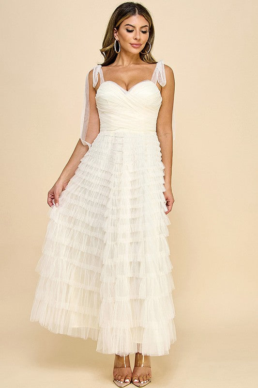 BOW STRAPS MIDI TIERED DRESS