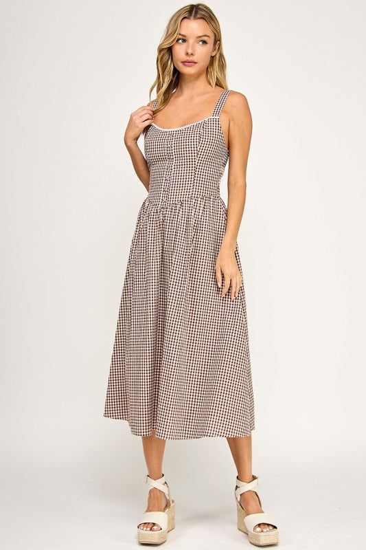 GINGHAM PRINT MIDI DRESS