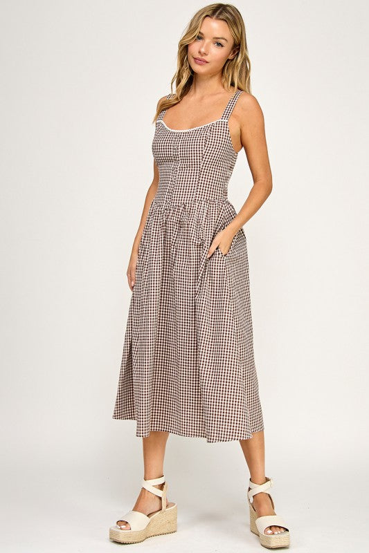 GINGHAM PRINT MIDI DRESS