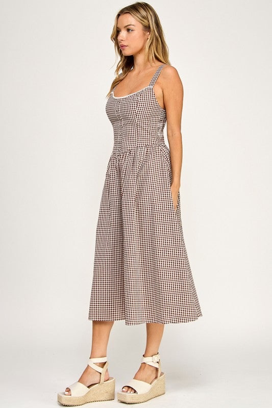 GINGHAM PRINT MIDI DRESS