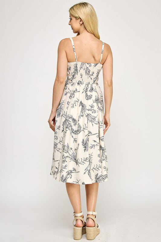BOTANICAL PRINT WITH SQUARE NECK MIDI DRESS