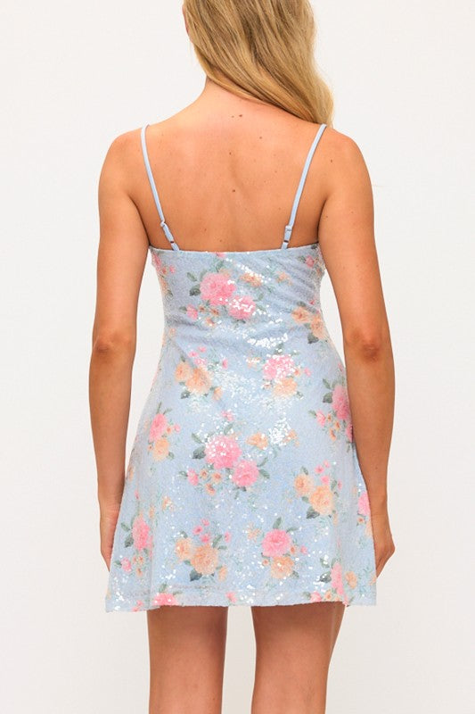 FLORAL SEQUIN FIT AND FLARE DRESS