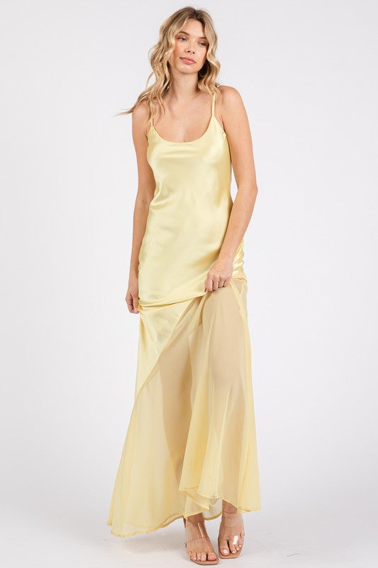 SATIN SHEER MAXI STATEMENT DRESS