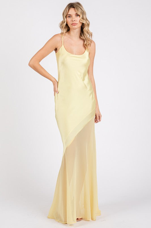 SATIN SHEER MAXI STATEMENT DRESS