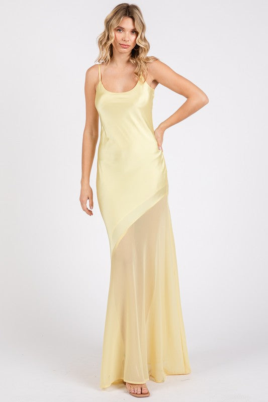 SATIN SHEER MAXI STATEMENT DRESS