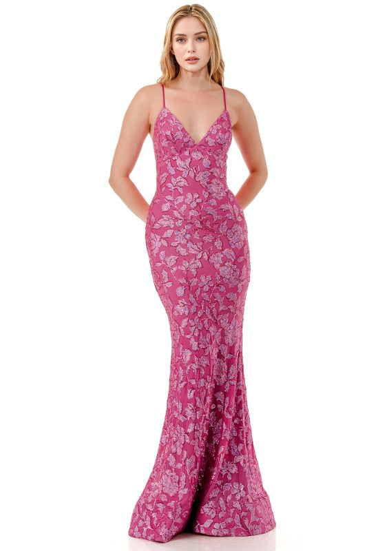 SEQUIN FLORAL EMBELLISH MERMAID GOWN