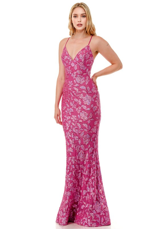 SEQUIN FLORAL EMBELLISH MERMAID GOWN