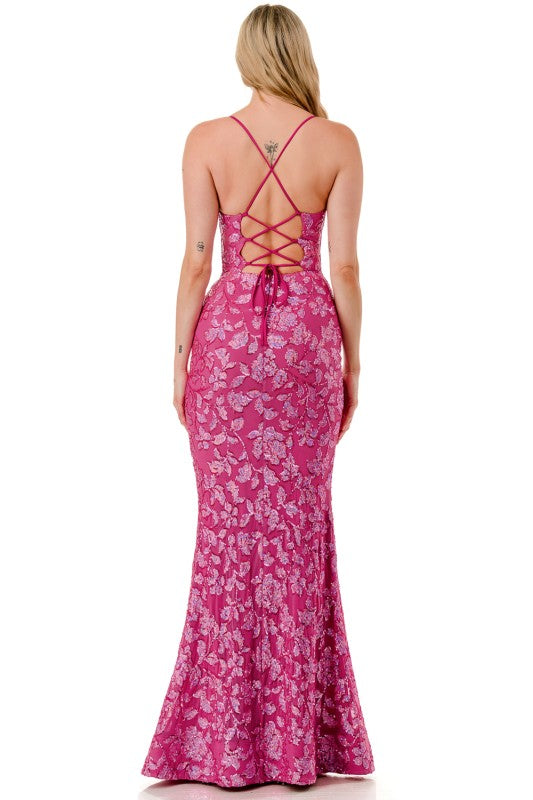 SEQUIN FLORAL EMBELLISH MERMAID GOWN