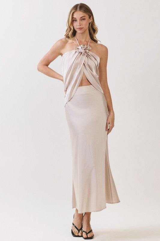 HALTER SATIN ROSETTE SILHOUETTE TWO PIECE