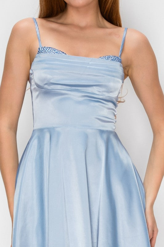 SATIN SHIMMER RHINESTONE BUSTIER FIT AND FLARE