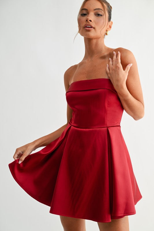 STRAPLESS PLEATED MINI DRESS