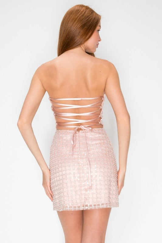 BEADED EMBROIDERED LACE UP MINI DRESS