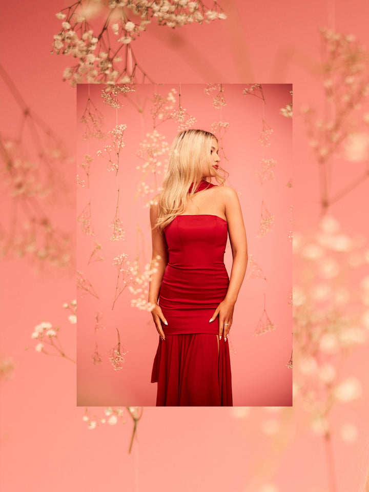 KARLI CHIFFON AND SATIN NECK SCARF GOWN