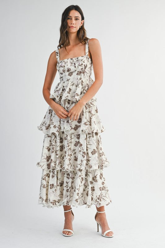 RUFFLE FLORAL MIDI STATEMENT DRESS